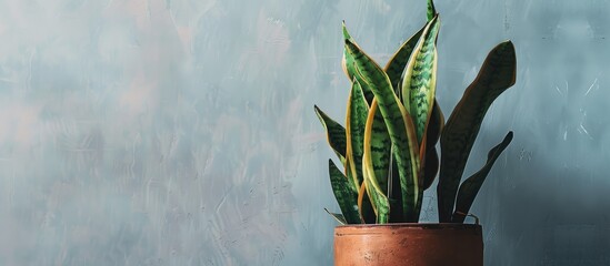 Wall Mural - closeup of snake plant in a pot. copy space image. place for adding text and design