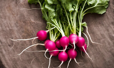 Wall Mural - Bunch of fresh Radishes on wooden background. Top view. Copy space for text.