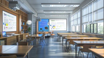Aufkleber - An image of a modern and inviting classroom designed for interactive learning with digital panels and AI technology. Generative AI