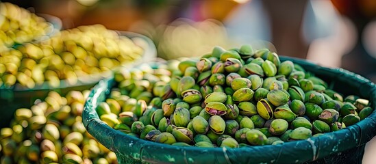 Traditional fresh pistachio on an outdoor market stall, close up. Copy space image. Place for adding text or design