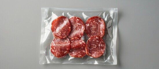 Wall Mural - slices of mortadella in vacuum sealed package for sous vide cooking isolated on gray pastel backgrou