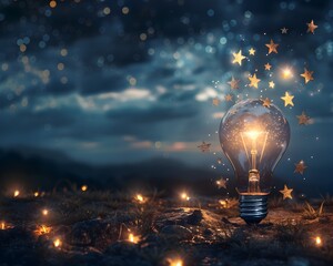 Poster - Luminous Light Bulb Surrounded by Glittering Stars Symbolizing Stellar Ideas and Creative