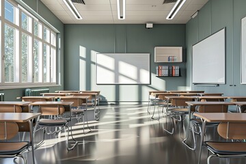 Aufkleber - A contemporary classroom with modern desks and interactive panels, bathed in natural light streaming through large windows. Generative AI