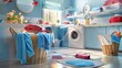© Faustudio - Laundry basket next to washing machine for housework, wide banner.