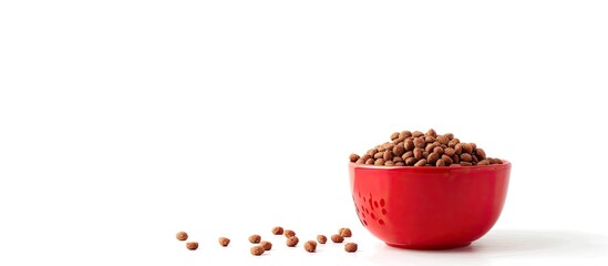 Poster - Dry cat food in a red bowl, isolated on white background. Copy space image. Place for adding text or design