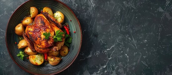 Wall Mural - Whole chicken roasted in a porcelain bowl with potatoes. Copy space image. Place for adding text and design