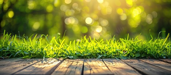 Sticker - Fresh spring green grass with green bokeh and sunlight and wood floor. Beauty natural background. Copy space image. Place for adding text or design