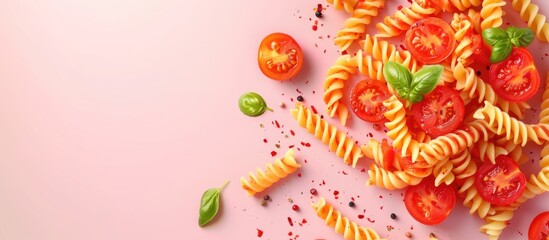 Wall Mural - Pasta with tomato sauce Isolated on a pastel background. Copy space image. Place for adding text and design