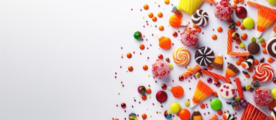 Wall Mural - halloween side border of scattered candy and decor. flat lay over a white background. copy space. co