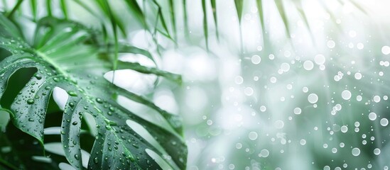 Sticker - foggy background, blurry monstera leaf in white pair, water drops on glass. fog effect of palm leaves silhouettes behind. out of focus. Copy space image. Place for adding text or design