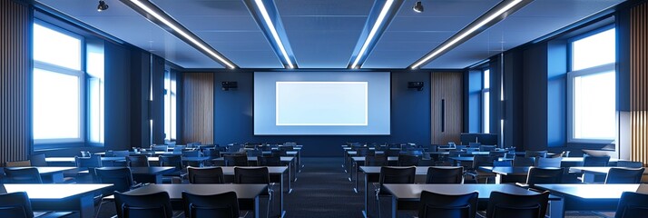Fototapete - A contemporary classroom with interactive panels and AI assistants, creating an inviting and engaging learning environment for students. Generative AI