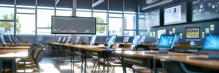 Fototapete - A contemporary classroom features interactive panels and modern technology, creating a dynamic and engaging learning environment for students. Generative AI