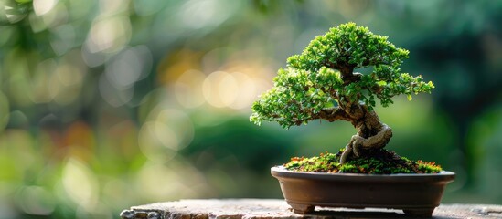 Wall Mural - Bonsai tree foliage close up background. Copy space image. Place for adding text and design