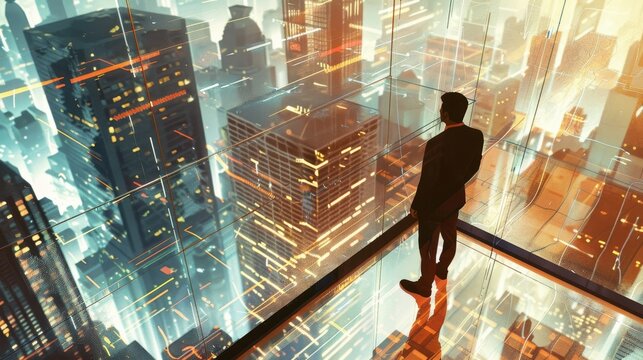 Capture an aerial view of a business person confidently presenting, with a modern cityscape as the backdrop, in a sleek digital illustration