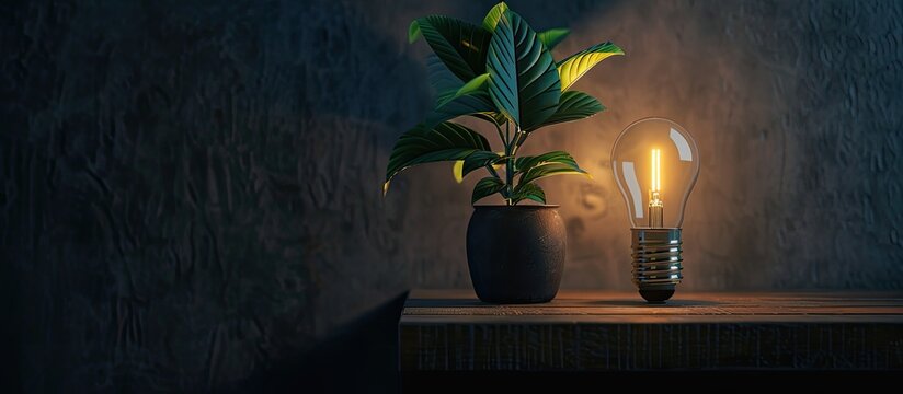 Decoration objects for home interiors, pot with a plastic plant and an LED bulb, lighting surrounded by a lozenge-shaped iron. Copy space image. Place for adding text and design
