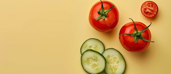 Tomato and cucumber isolated on pastel background Food. Copy space image. Place for adding text and design