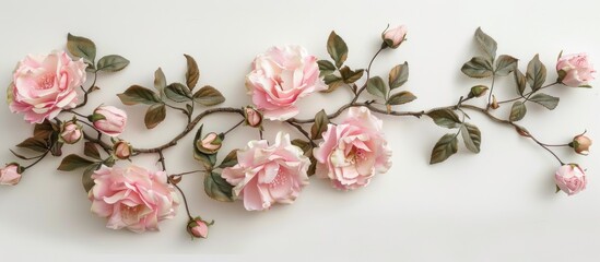 Wall Mural - Pink roses and buds on a white background. Artificial flowers in interior. Copy space image. Place for adding text and design