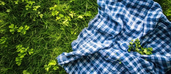 Wall Mural - Blue picnic towel cloth on green grass background,Empty space food advertisement backdrop.Tablecloth easter backdrop. Copy space image. Place for adding text or design