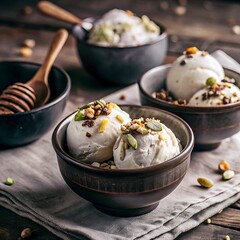 Bowl of icecream, two scoops of icecream with dry fruits on it