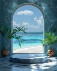 Wall Mural - Empty podium for product presentation with palm leaf on seascape