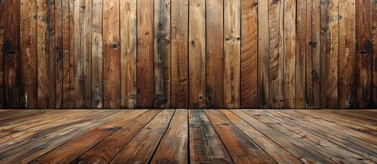 Background, walls and floor covered with wooden planks in the new house, texture and texture of natural wood. Copy space image. Place for adding text and design