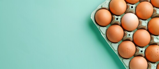 Wall Mural - Raw eggs in the tray Isolated on pastel background. Copy space image. Place for adding text and design