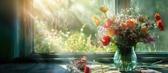 Sticker - Bouquet of field flowers  in glass vase near the window, romantic spring day . Copy space image. Place for adding text and design