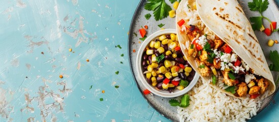 Wall Mural - Chicken burrito with rice and black beans on pastel background. Copy space image. Place for adding text and design