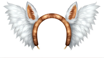Furry Fantasy Ears with Feathers. Isolated realistic design of fluffy animal ears with white feathers, perfect for costumes, party accessories, or creative graphic designs.