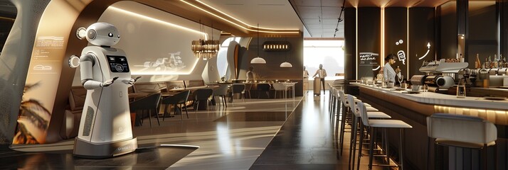 Poster - A futuristic restaurant featuring an AI robot interacting with customers, enhancing service quality and creating a unique dining experience. Generative AI
