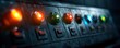 © Pakkarada - Industrial control panel with colorful switches and buttons, glowing in a dark environment.