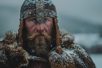 Poster - Solemn Viking Warrior in Snowy Landscape - Focused and Strong  