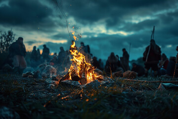 Viking Ceremonial Ritual with Community Gathered Around Night Bonfire  