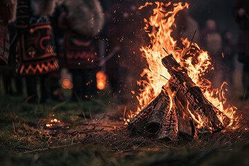 Wall Mural - viking ceremonial ritual with community gathered around night bonfire