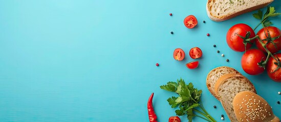 Wall Mural - Tomato, bread, parsley and pepper isolated on the pastel background. Copy space image. Place for adding text and design