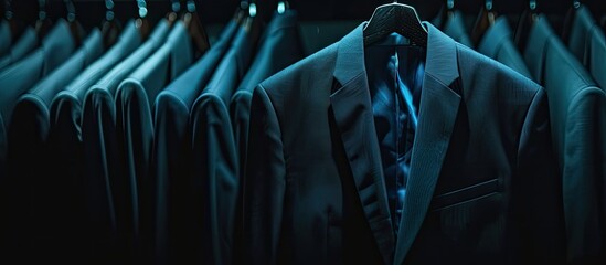 Dark business suit at dry-cleaner's. Space for text. Copy space image. Place for adding text and design