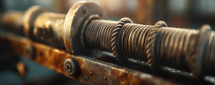 An old, rusty metal screw and gear mechanism in a vintage machine, highlighted by a warm, atmospheric light.