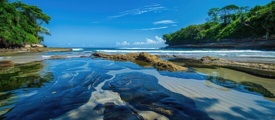 Sticker - tide pool with beautiful textures, sunlight reflections dancing, waves from the sea rolling in, blue