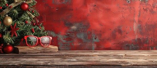 Wall Mural - red glasses board place and doors with xmas tree . Copy space image. Place for adding text and design