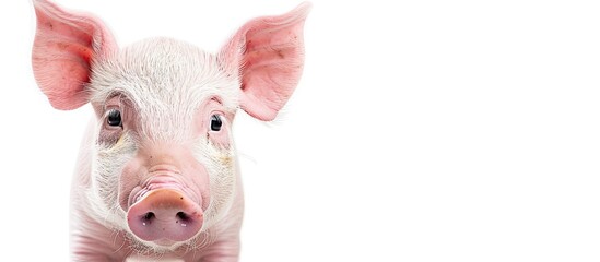 Small pink pig isolated on white background. Copy space image. Place for adding text or design