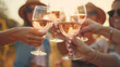 © Pro Hi-Res - Friends toasting with wine during summer sunset gathering.