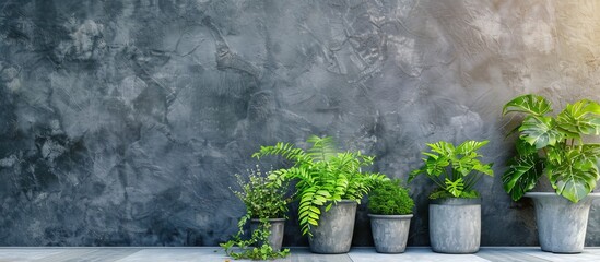 Wall Mural - Green plants in pots near wall outdoors. Copy space image. Place for adding text and design