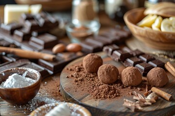 Wall Mural - Preparing chocolate truffles with cocoa powder on kitchen bench with ingredients. Front view. Horizontal composition.
