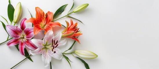 Wall Mural - Beautiful lilies on white background, top view. Copy space image. Place for adding text or design