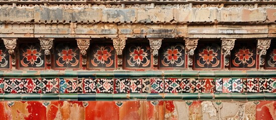 Canvas Print - lined with red-tiled part of the wall of the building for its protection and decoration. Copy space image. Place for adding text and design