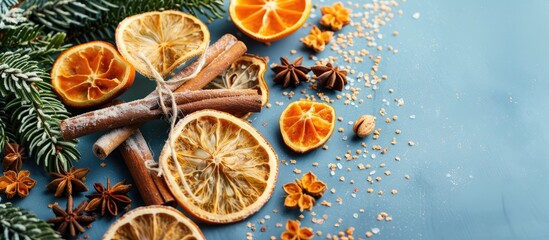 Wall Mural - spices for mulled wine pastel background  Food  Isolated. Copy space image. Place for adding text and design