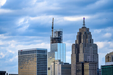 Construction site of a new skyscraper in Detroit cityscape, USA