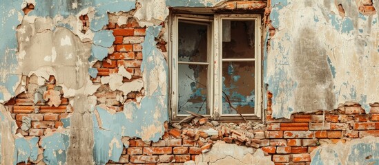 Poster - The wall of a destroyed house. Red brick laying. The window is bricked up. Copy space image. Place for adding text and design