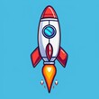 Illustration of a flying cartoon rocket isolated on a blue background.