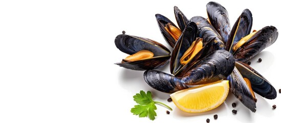 Fresh mussel seafood isolated on white background. Copy space image. Place for adding text and design